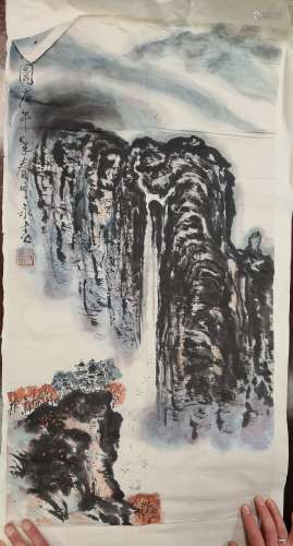 Follower of Qian Songyan: A Chinese scroll painting, of a deep gorge with a pavilion overlooking a