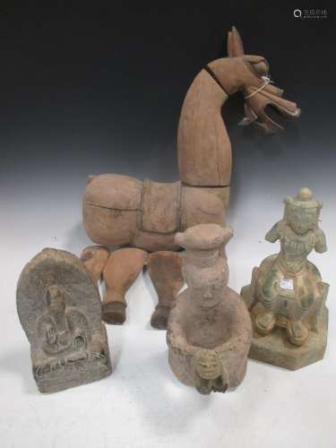 A Chinese carved and painted wood horse model, in Han Dynasty style, 56cm high: a Han style grey