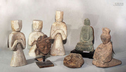 Seven Chinese stone heads, figures and a Buddha, 28cm (maximum)
