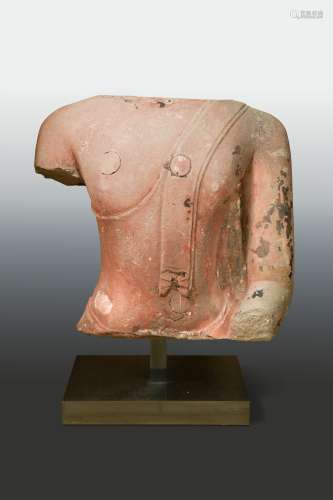 A large red sandstone torso of Buddha, Thailand Ayutthaya period, 16th/17th century, the broad