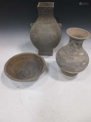 A group of three Chinese painted grey pottery pieces, a vase or 'hu' 25.5cm high, probably Han;