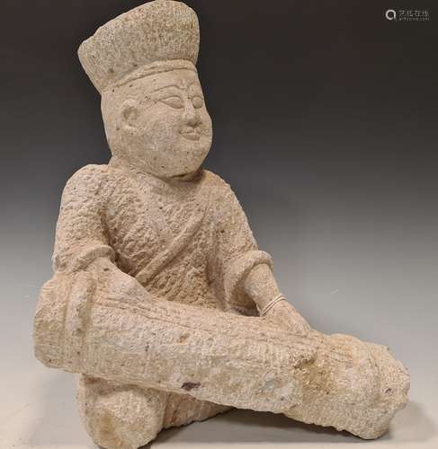 A Chinese carved grey stone figure of a musician playing the zither, in Tang style, with high