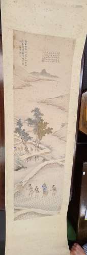 A Chinese scroll painting, 19th/20th century, painted with figures planting rice in paddy fields,