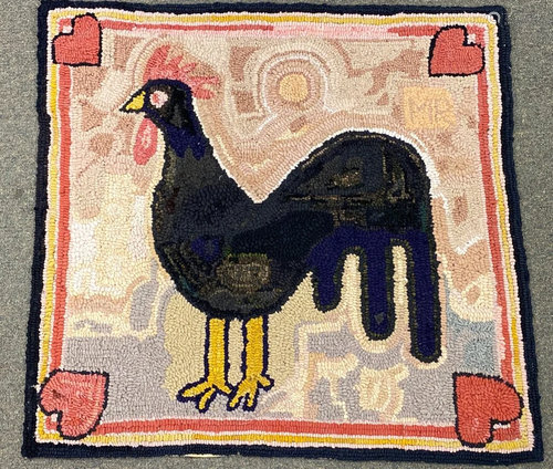 Hooked Rug with Rooster and Hearts