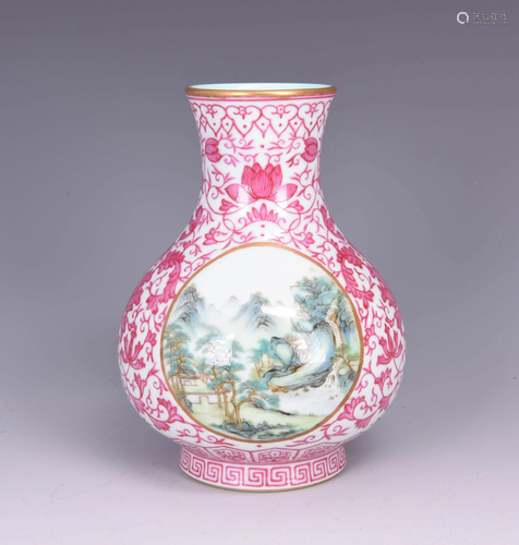 A Carmine Landscape Pavilion Pattern Porcelain Vase