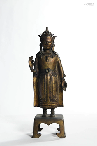 A Gild Bronze Standing Guanyin Statue