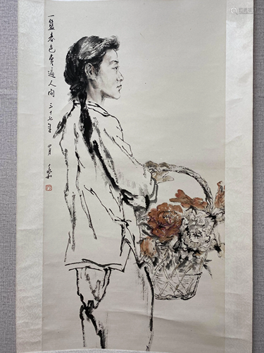 A Chinese Figure Painting Scroll, Jiang Zhaohe Mark