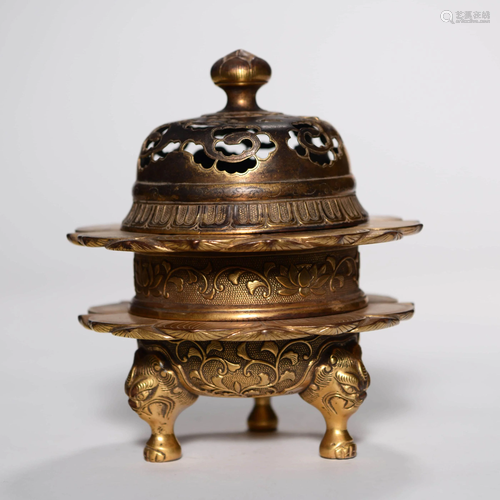 A Trilaminar Gild Bronze Three-legged Incense Burner