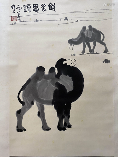 A Chinese Camel Painting Scroll, Wu Zuoren Mark