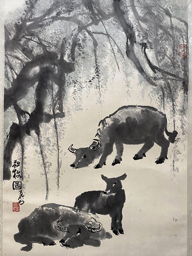 A Chinese Ox Painting Scroll, Li Keran Mark