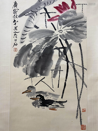 A Chinese Flower&bird Painting Scroll, Qi Baishi Mark