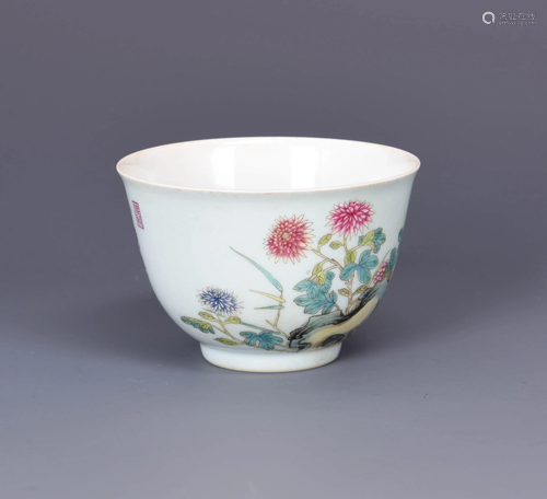 A Famille Rose Floral Porcelain Inscribed Cup