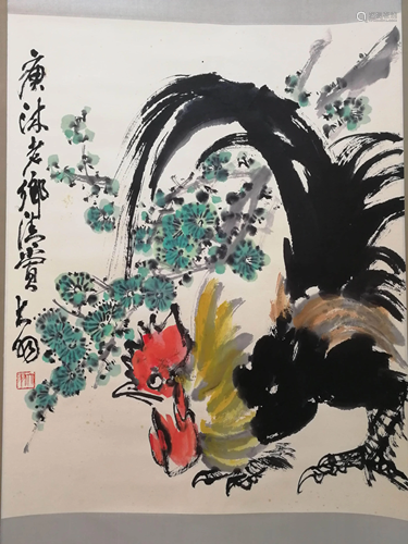 A Chinese Rooster Painting Scroll, Chen Dayu Mark