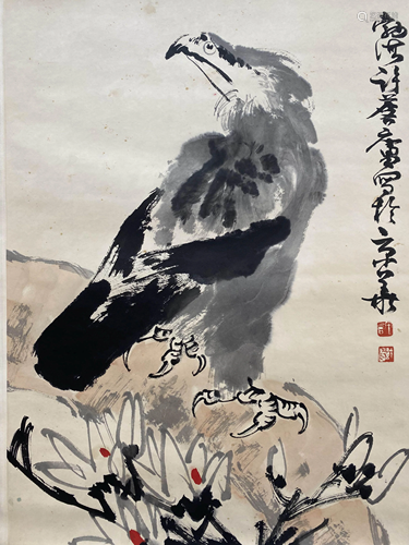 A Chinese Eagle Painting Scroll, Xu Linlu Mark