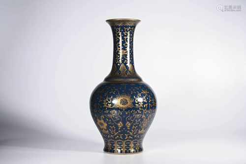 An Altar Blue Glaze Gilt-inlaid Floral Porcelain Vase