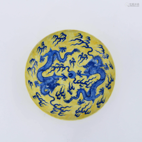 A Yellow Ground Blue and White Dragon Pattern Porcelain