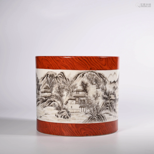 A Wood Grain Glaze Grisaille Landscape Porcelain Brush