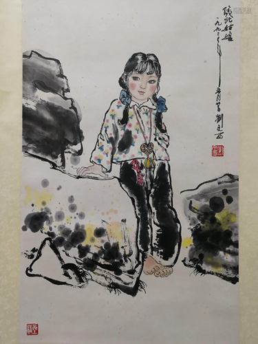 A Chinese Figure Painting Scroll, Liu Wenxi Mark