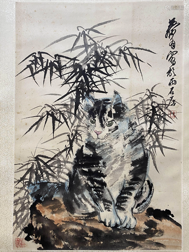 A Chinese Cat Painting Scroll, Huang Zhou Mark