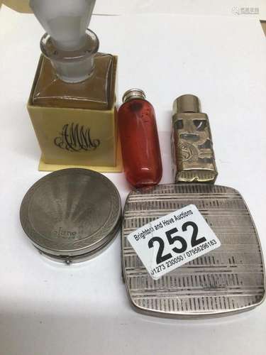 TWO VINTAGE COMPACTS BY (JUNE) AND REGENT OF LONDON WITH THREE PERFUME BOTTLES