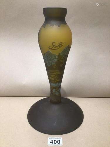 A GALLE STYLED CAMEO YELLOW GLASS VASE/LIGHT SIGNED GALLE 33CM