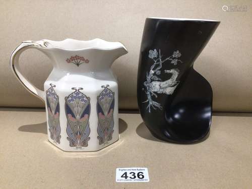 A MASONS FOR LIBERTY OCTAGONAL MILK JUG WITH A CROWN DEVON BLACK GROUND VASE