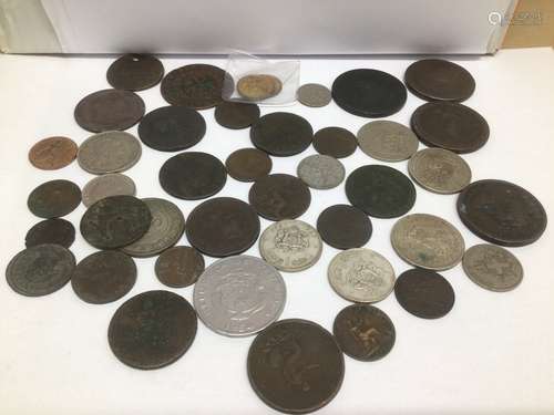 A QUANTITY OF USED COINAGE, TWO 1837 CUMBERLAND JACK TOKENS CARTWHEEL AND MORE