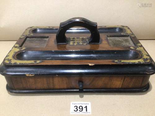 A REGENCY INK AND DESK STAND ROSEWOOD, EBONY, AND BRASS WITH UNDER DRAWER 31 X 20 X 8CM