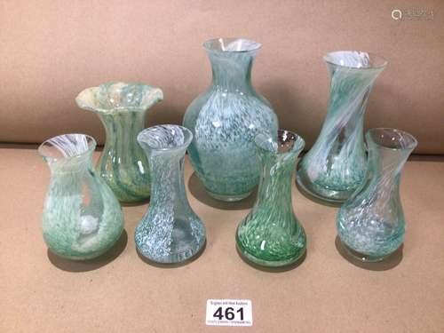 A QUANTITY OF CAITHNESS GREEN AND WHITE STREAKED GLASS VASES HANDMADE IN SCOTLAND WITH ONE OTHER