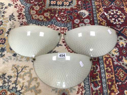 THREE VINTAGE, RETRO, GLASS WALL LIGHTSHADES 31CM