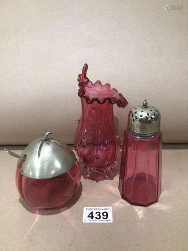 THREE PIECES OF CRANBERRY GLASS