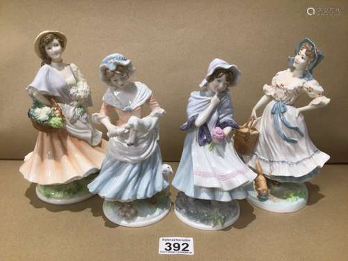 FOUR ROYAL WORCESTER FIGURINES, THE SHEPHERDESS, THE MILKMAID, MARKET DAY AND A POSY FOR MOTHER