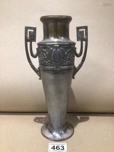 A WMF ART NOUVEAU TWIN HANDLED SILVER PLATED VASE (SOME WEAR TO PLATE) 26CM