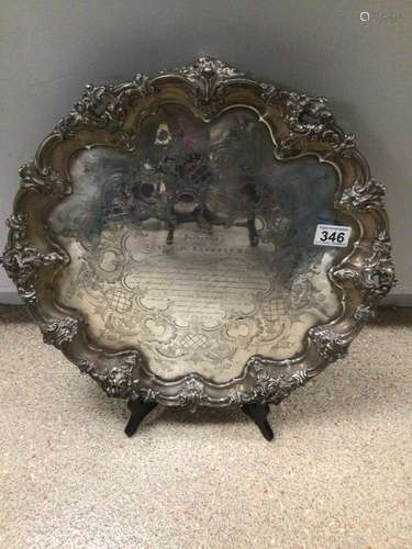 A LARGE HALLMARKED SILVER GEORGIAN SERVING TRAY BY ROBINSON EDKINS AND ASTON 1841 2.35 KG 46 x 44