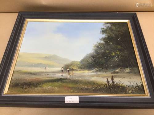 A FRAMED OIL ON CANVAS BY TED DYER (TWO CHILDREN BY A LAKE SCENE)