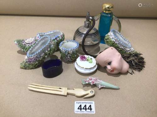 MIXED ITEMS INCLUDES BISQUE DOLLS HEAD, ART DECO GLASS ATOMISER AND MORE