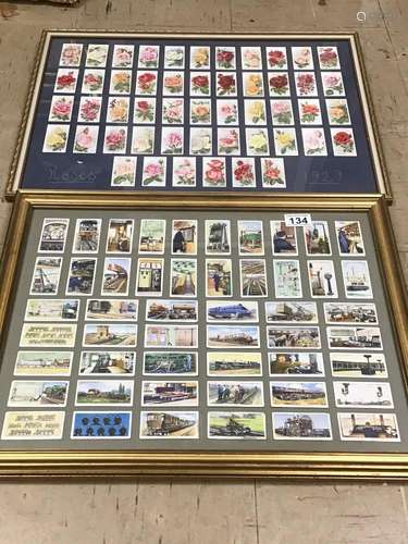 TWO FRAMED AND GLAZED COLLECTABLE CIGARETTE CARDS ONE THEME RAILWAY RELATED