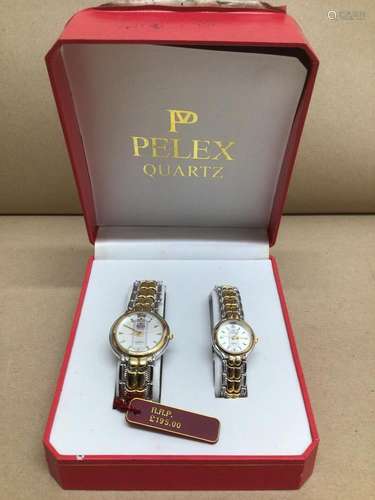 A PRESENTATION BOX PELEX QUARTZ GENTS AND LADIES STEEL WATCH