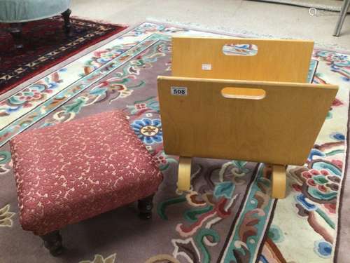 A RETRO BENT PLYWOOD MAGAZINE RACK WITH A VINTAGE FOOT STOOL