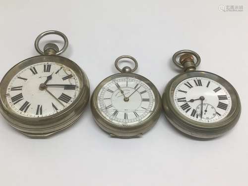 THREE POCKET WATCHES INCLUDES CHRONOGRAPH, ALARM