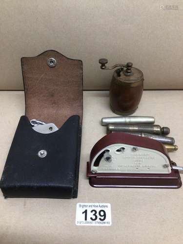 MIXED BOX OF ITEMS, CASED HANDCUFFS, VINTAGE PEPPER GRINDER AND BOXED GARRARD STYLUS PRESSURE GAUGE,