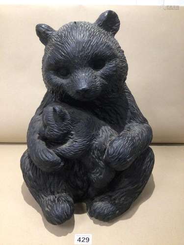 A LARGE PLASTIC BLACK BEAR WITH CUB AS A MONEY BOX 44CM HIGH