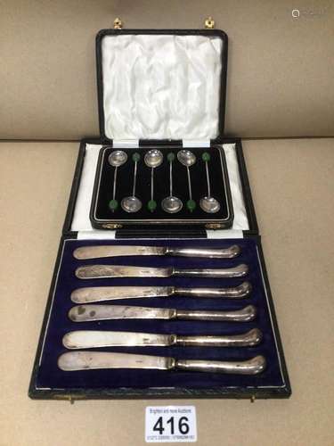 A SET OF SIX HALLMARKED SILVER PISTOL HANDLED TEA KNIVES WITH A SET OF SIX HALLMARK SILVER BEAN