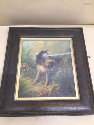 A FRAMED AND GLAZED OIL ON CANVAS SIGNED DUNFIELD DOG CATCHING A RABBIT 47 X 52CM