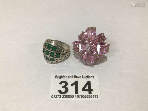 TWO 925 SILVER RINGS WITH PINK AND GREEN GLASS SIZE Q AND T