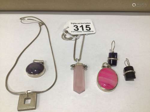 TWO SILVER 925 NECKLACES WITH PENDANTS, TWO SILVER PENDANTS AND A PAIR OF EARRINGS ALL WITH SEMI-