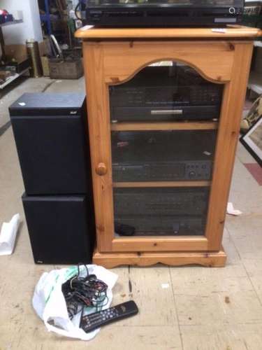 A QUANTITY OF HIFI SEPARATES IN PINE UNIT, KENWOOD TURNTABLE KD-38R, TECHNICS COMPACT DISK CHANGER