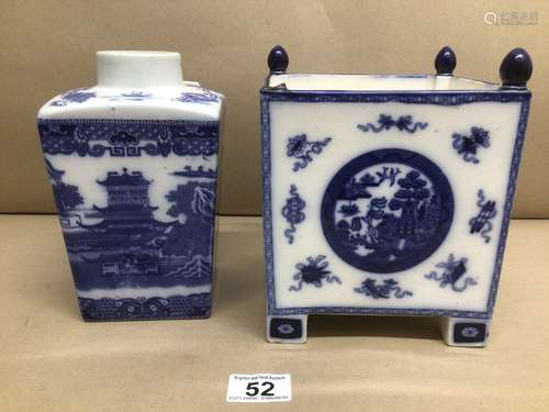 TWO PIECES OF BLUE AND WHITE CHINA, TEA CADDY AND MARKED RINGTONS LTD TEA MERCHANTS AND SQUARE VASE