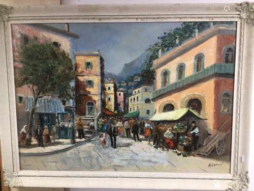 A FRAMED CONTINENTAL STREET SCENE SIGNED A.LATINI 101 X 80CM