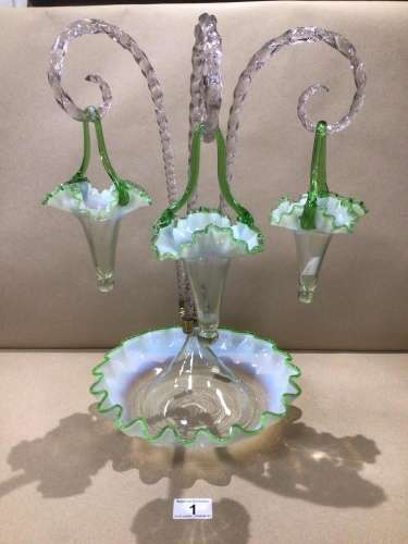AN OPAQUE GLASS EPERGNE WITH THREE SWINGING BASKETS 46CM HIGH